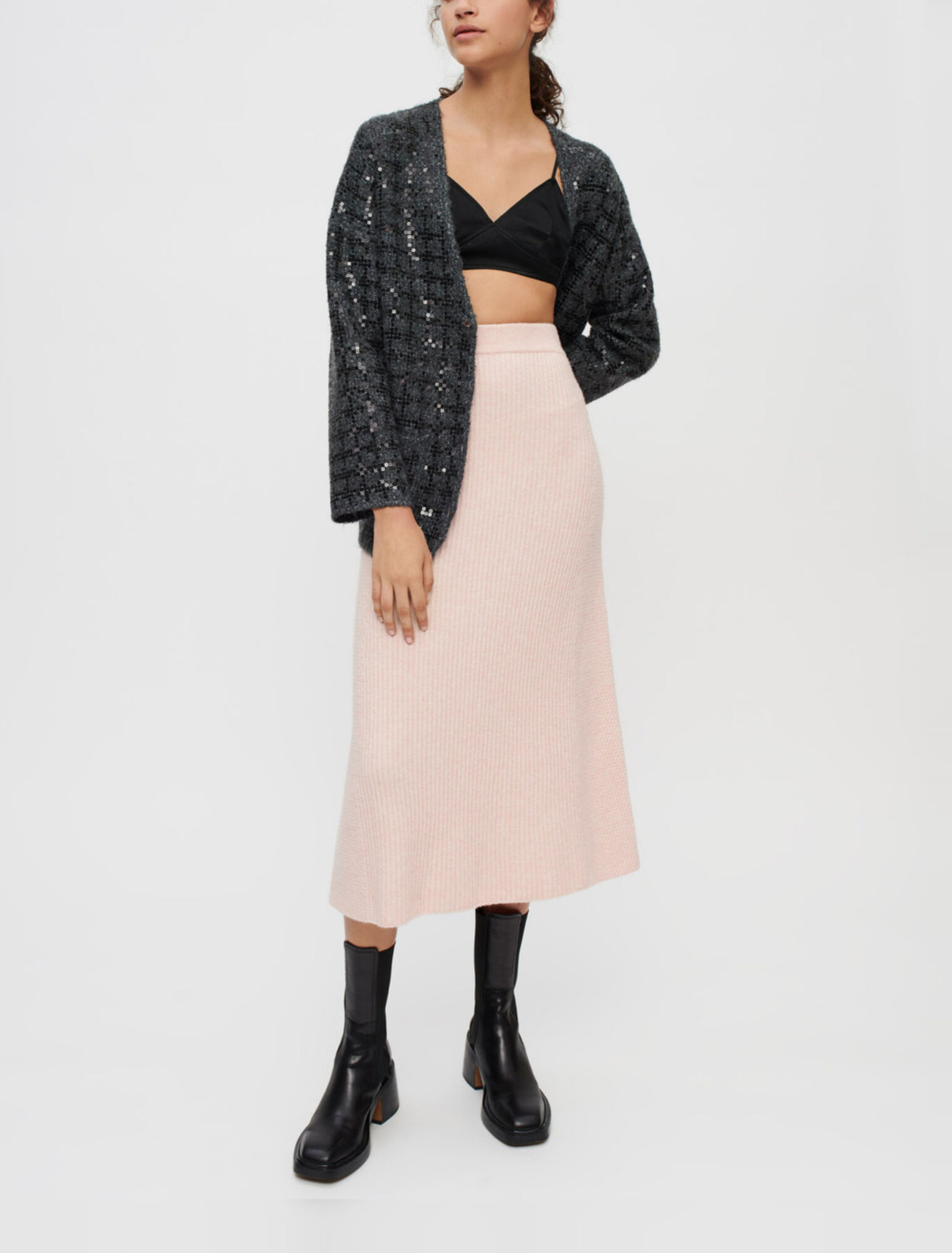 Jupe midi en maille stretch à côtes