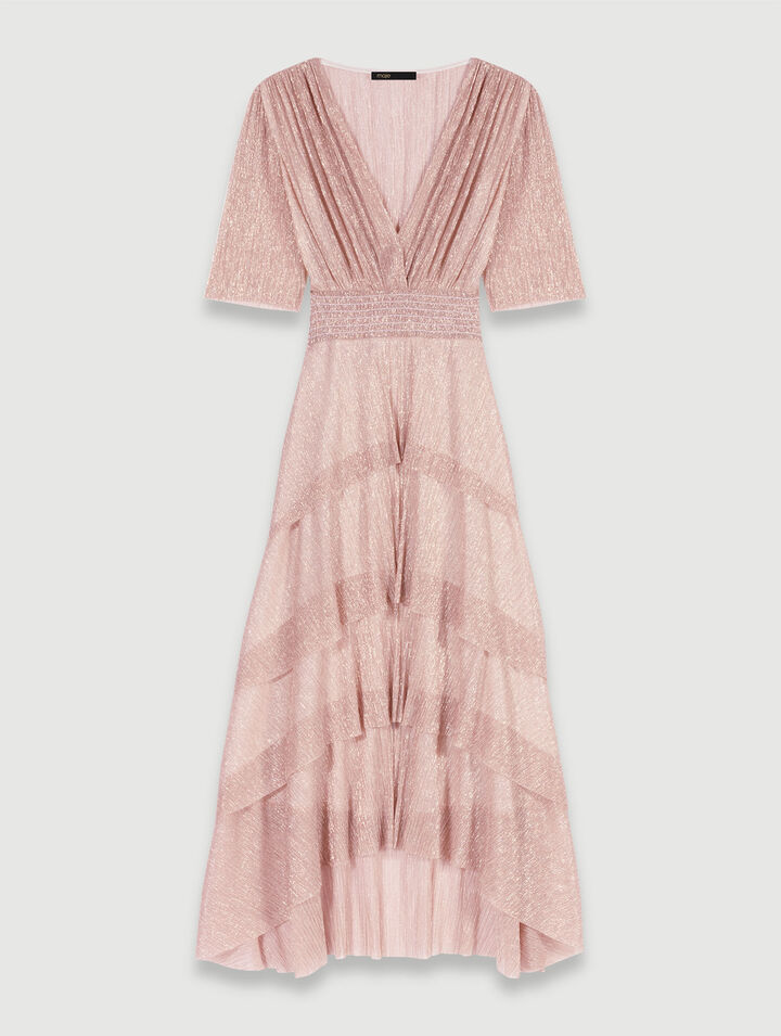 Maje Robe Longue Lamée À Volants In Rose Poudre