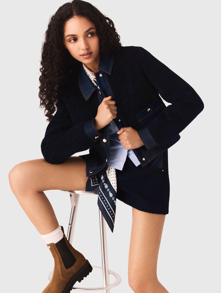 Blouson bouclette et d&eacute;tails denim