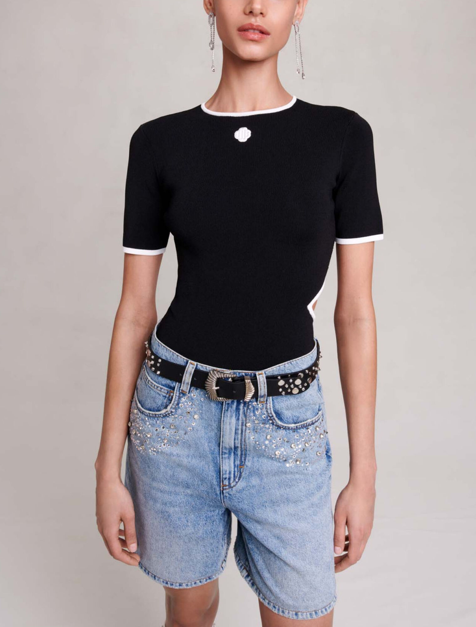 Short évasé en denim à strass