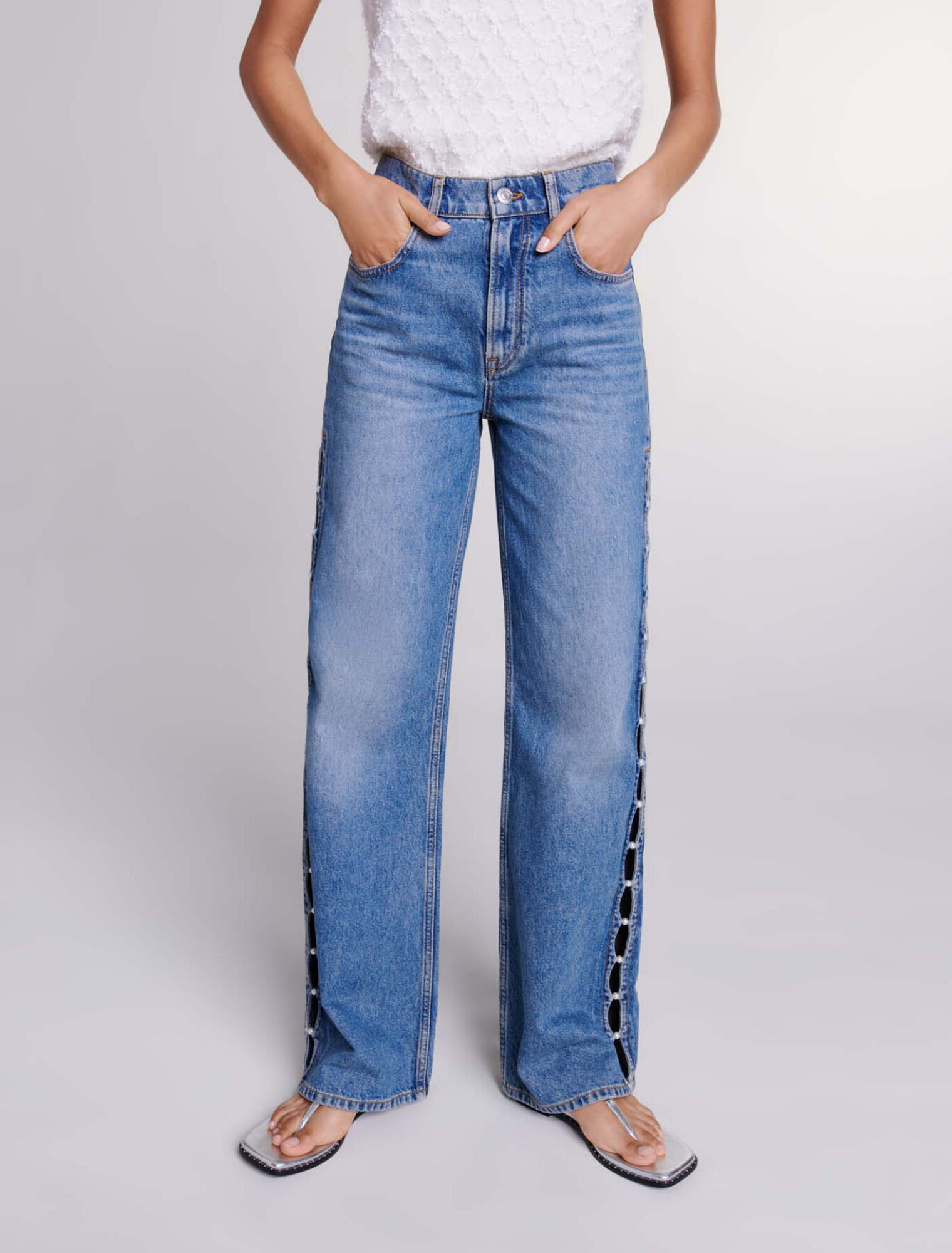 Jeans droit ajouré et perlé
