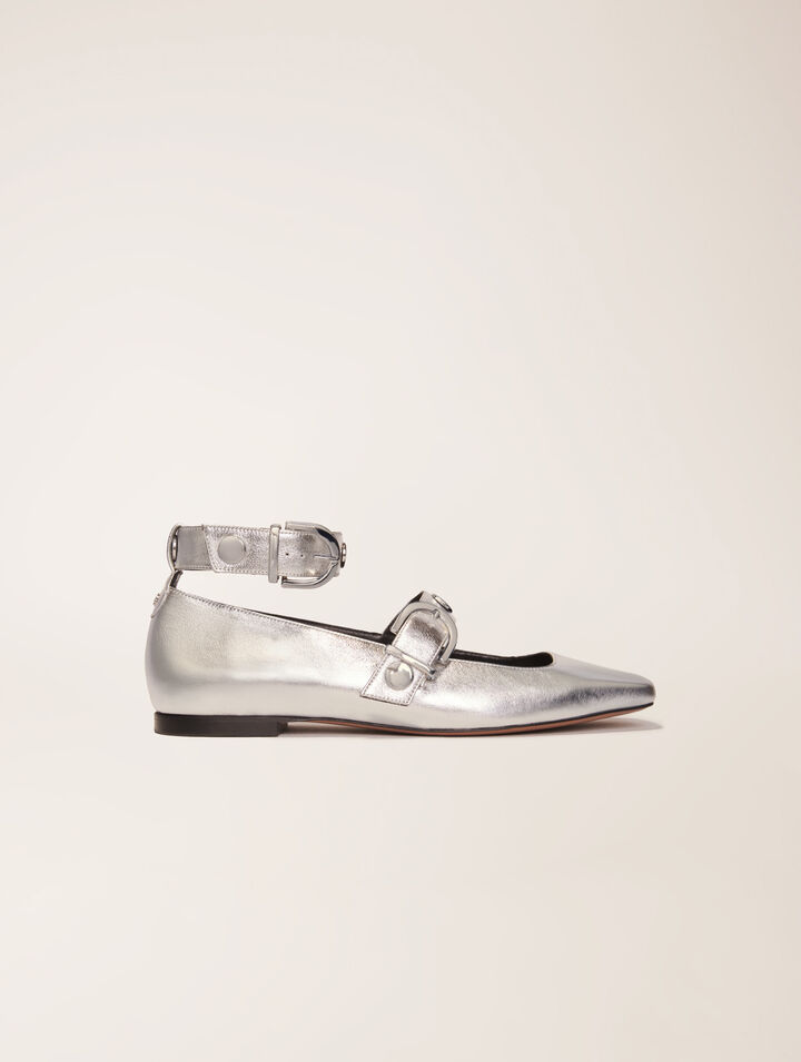 Maje Metallic Leather Mary Janes In Argent
