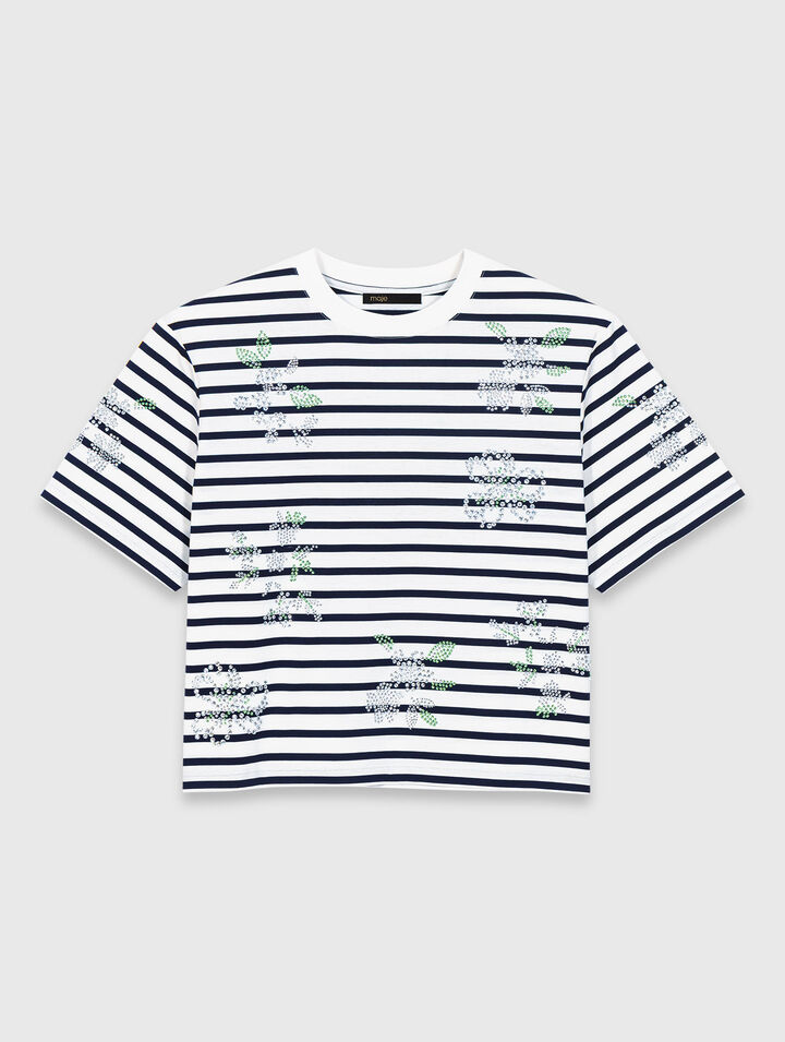 Tee shirt ray&eacute; &agrave; fleurs strass&eacute;es
