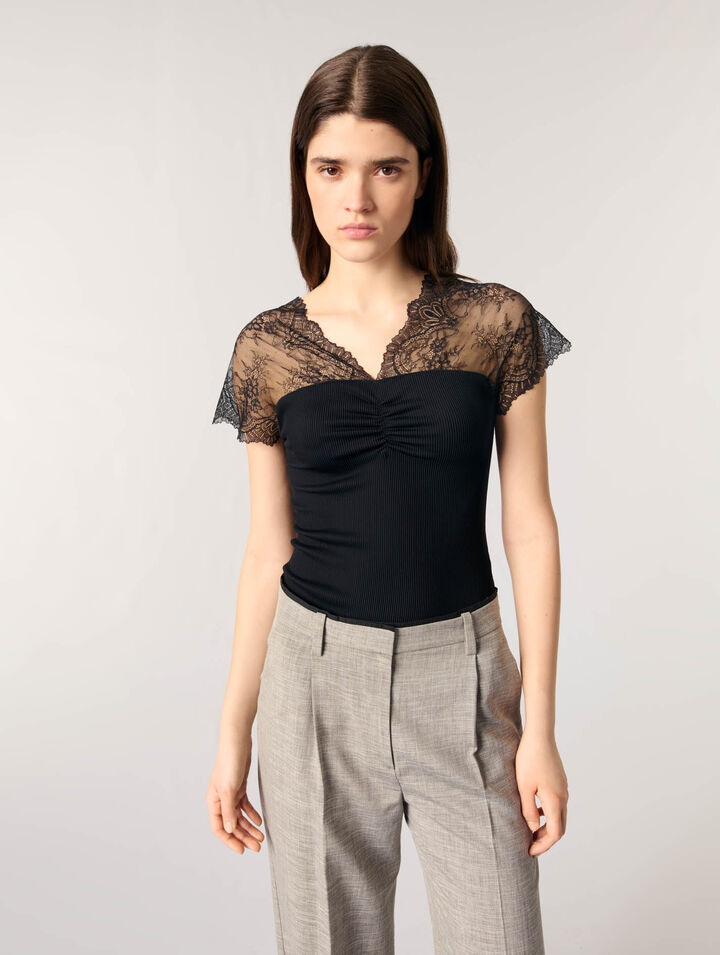 Top en jersey incrusté de dentelle
