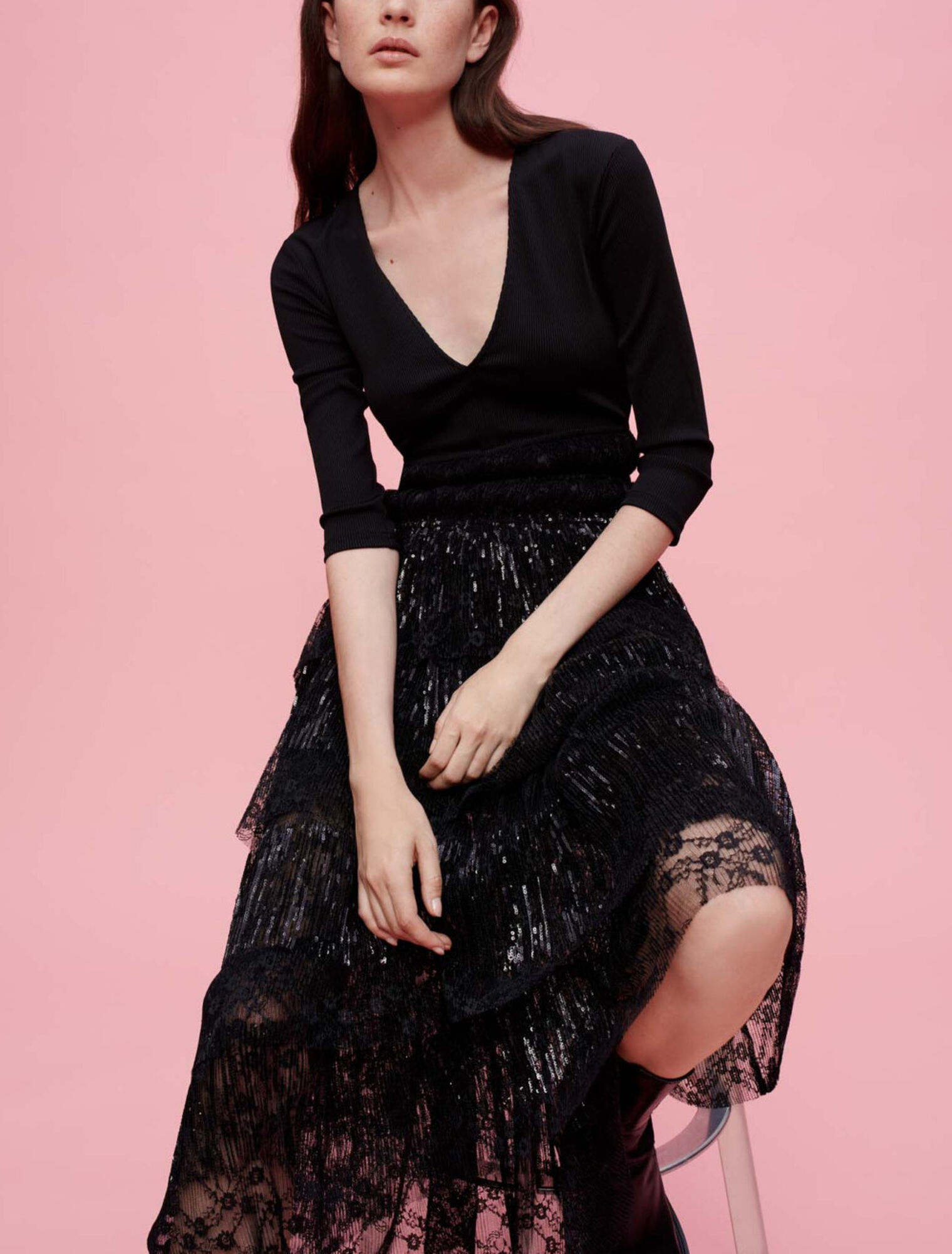 Robe en mix jersey et dentelle sequins