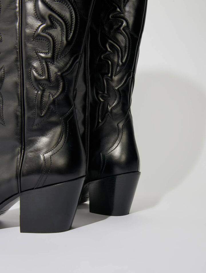 Bottes santiags en cuir lisse brodé