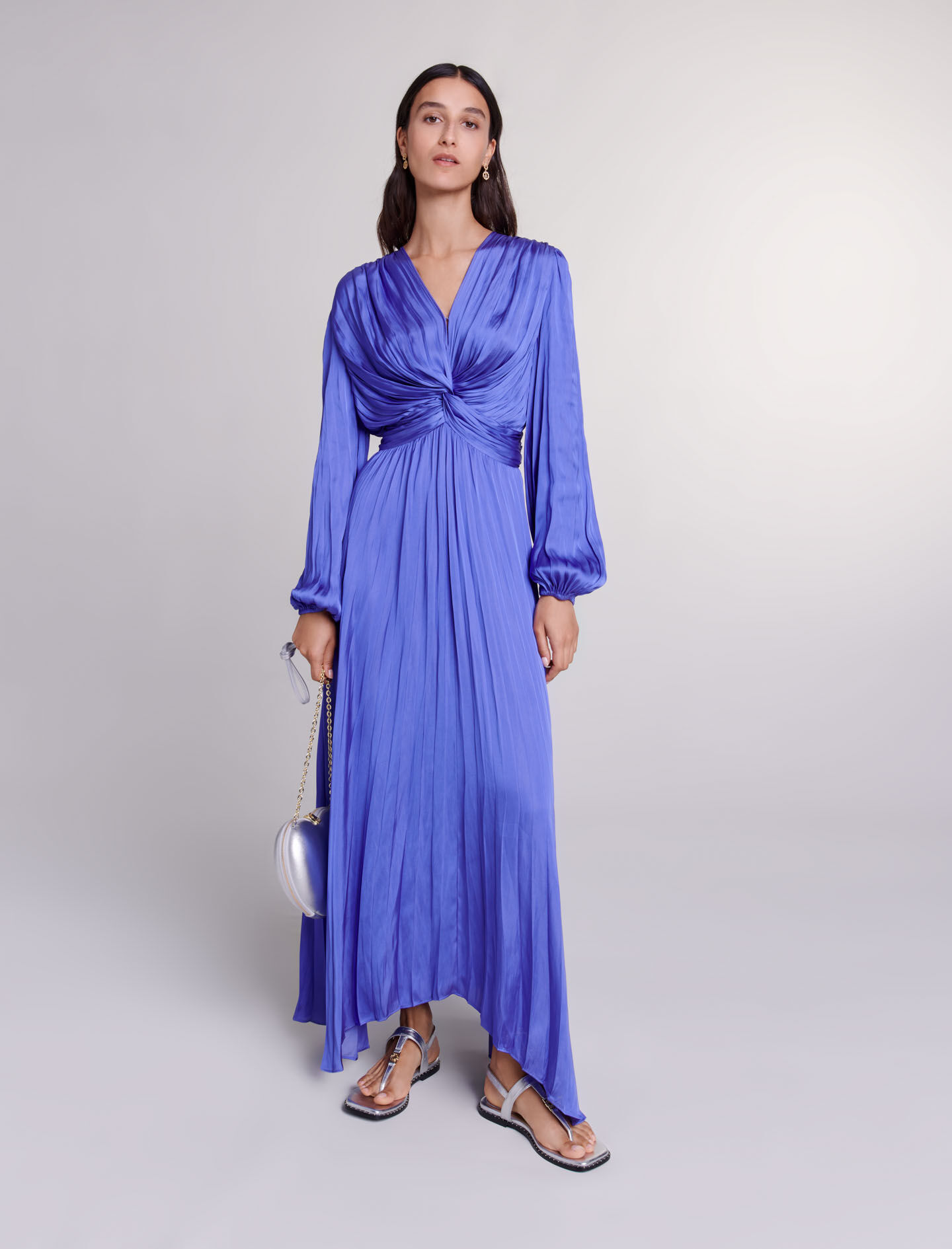 Robe longue satinee drapee Maje