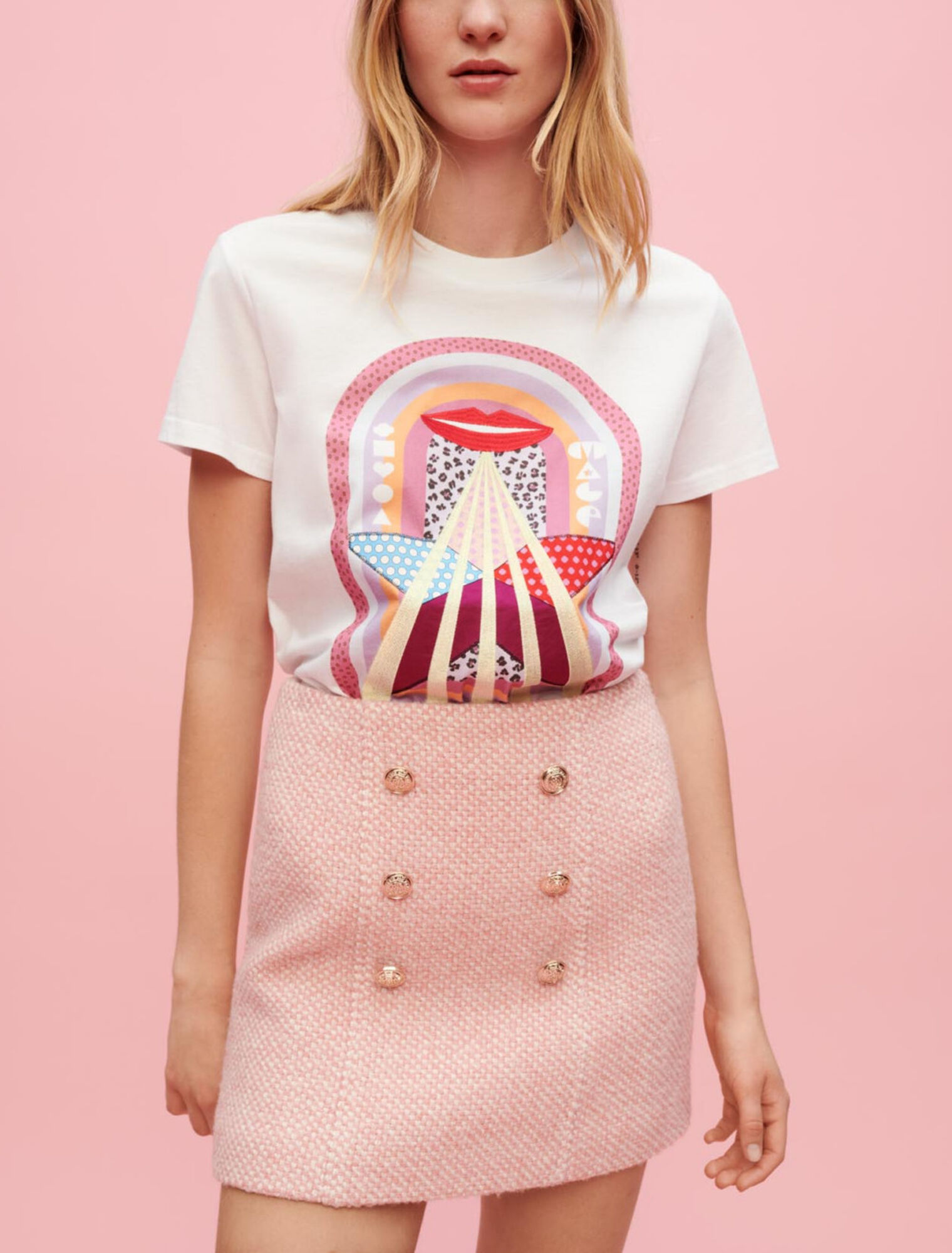 Jupe en tweed chiné rose et écru
