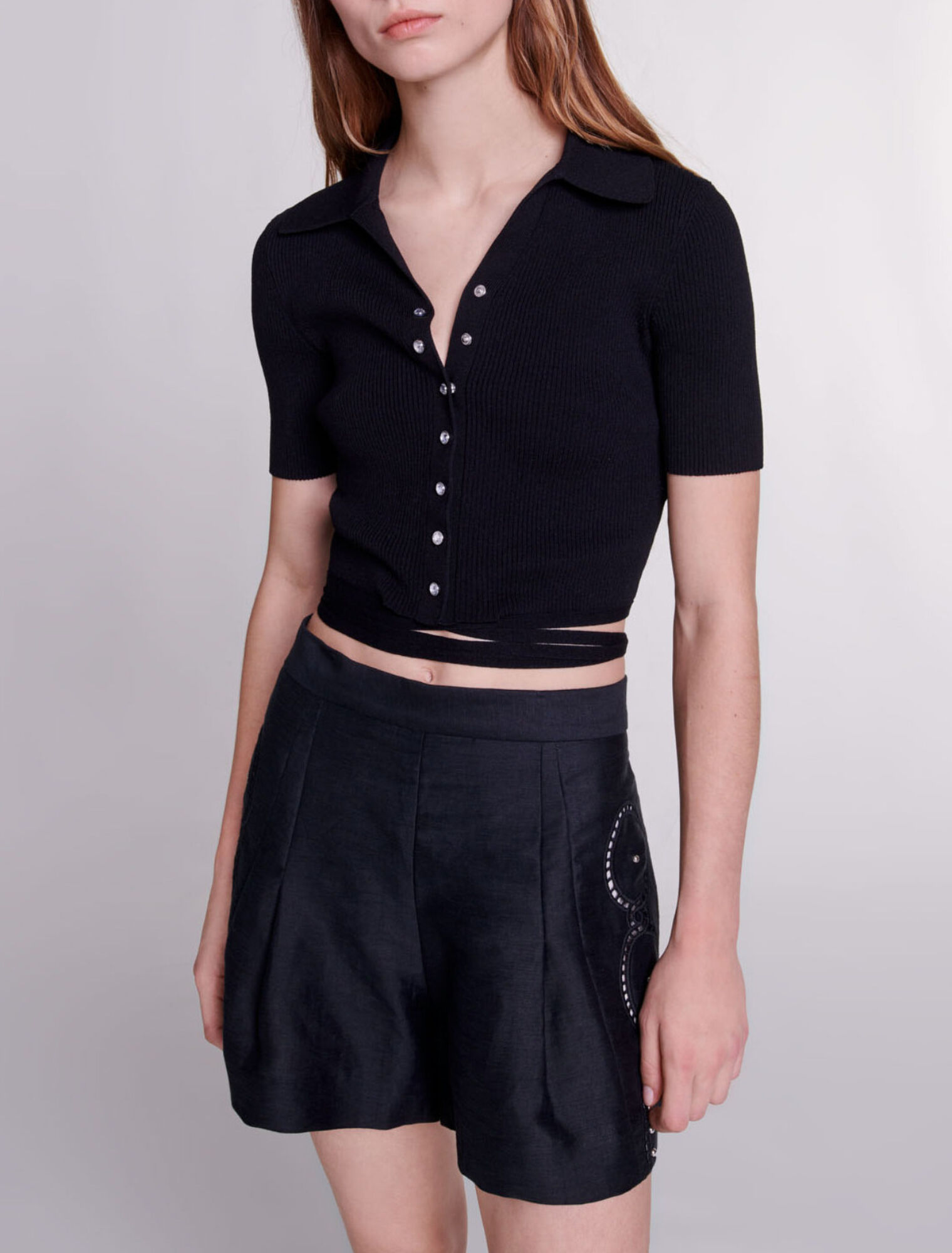 Short en lin ajouré à rivets