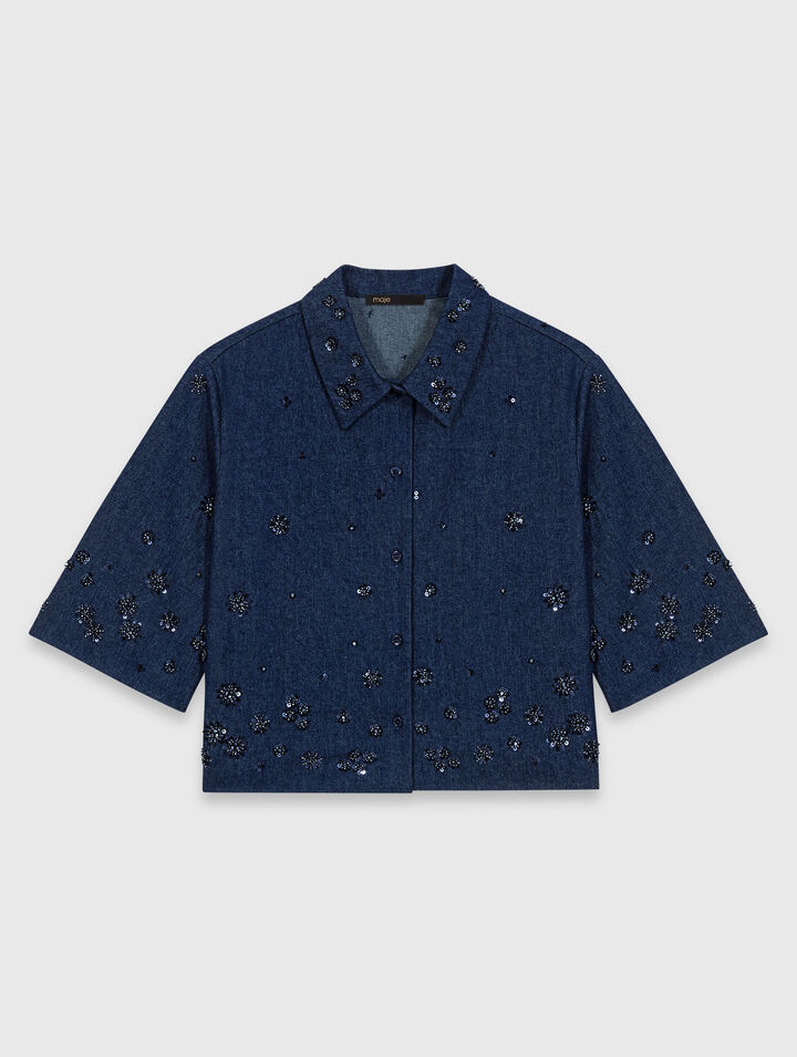 Chemise courte en denim brod&eacute;