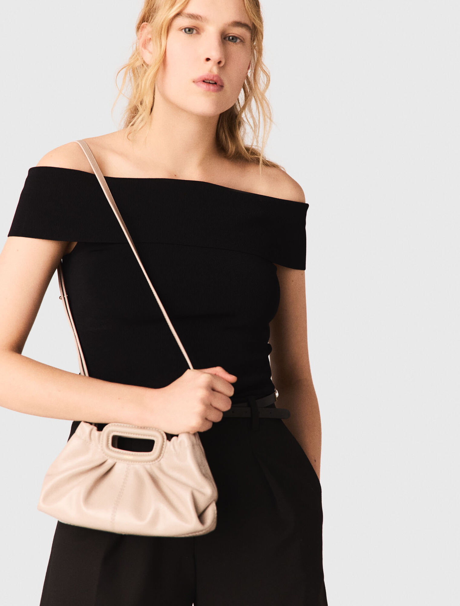 Top col bardot en maille c&ocirc;tel&eacute;e