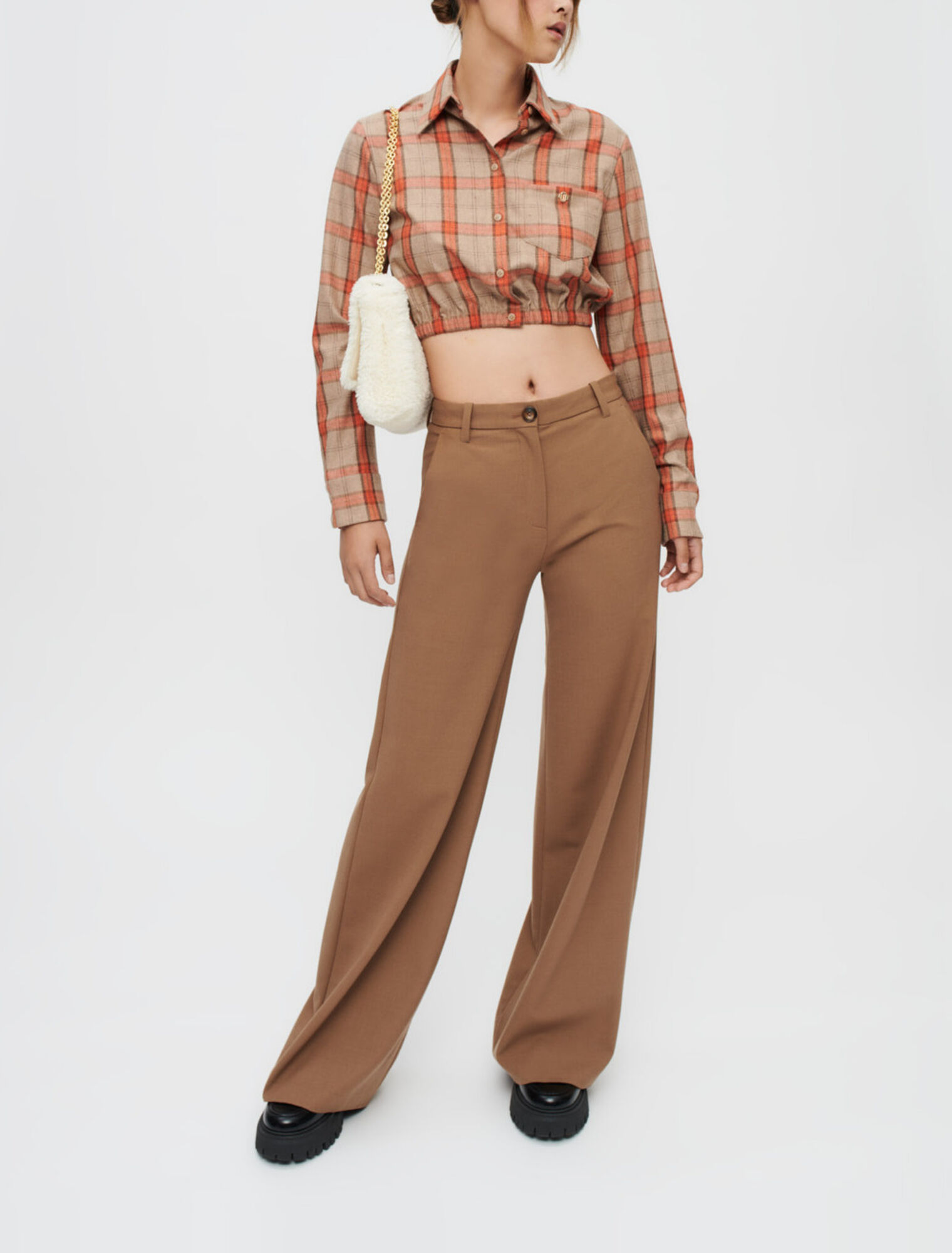 Chemise crop à carreaux camel et orange