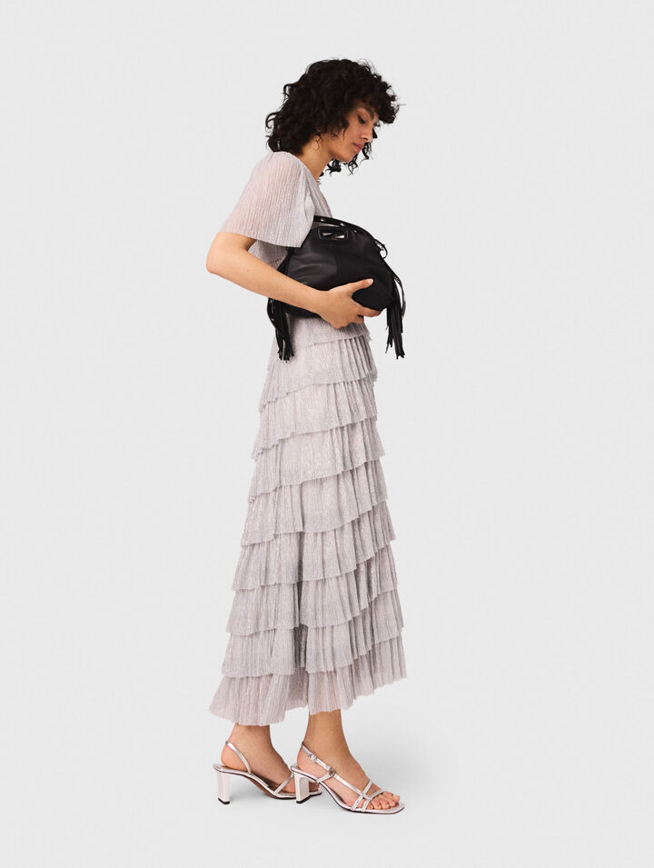Robe mi-longue à volants métalisée