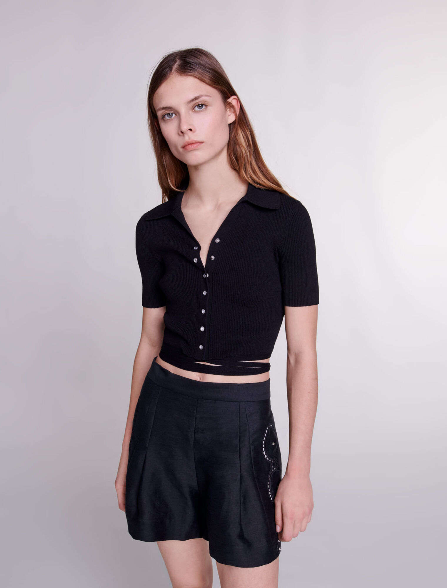 Short en lin ajouré à rivets