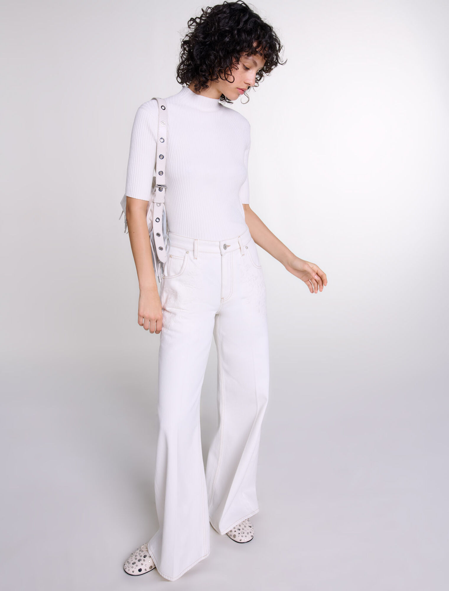 Jean large taille haute brodé