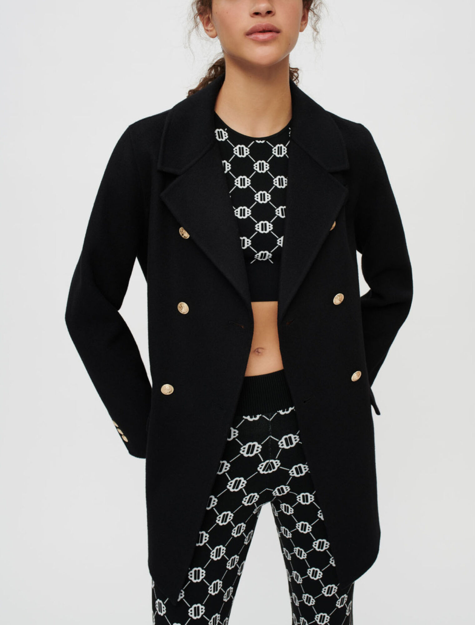 Manteau en double face noir à ceinture
