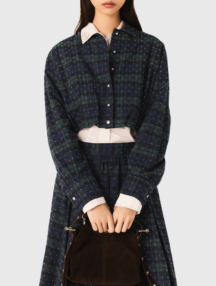 Chemise courte &agrave; carreaux strass&eacute;e