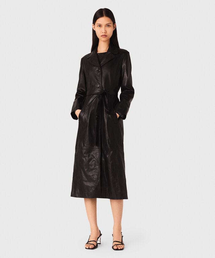 Trench Long En Cuir - Noir - Maje