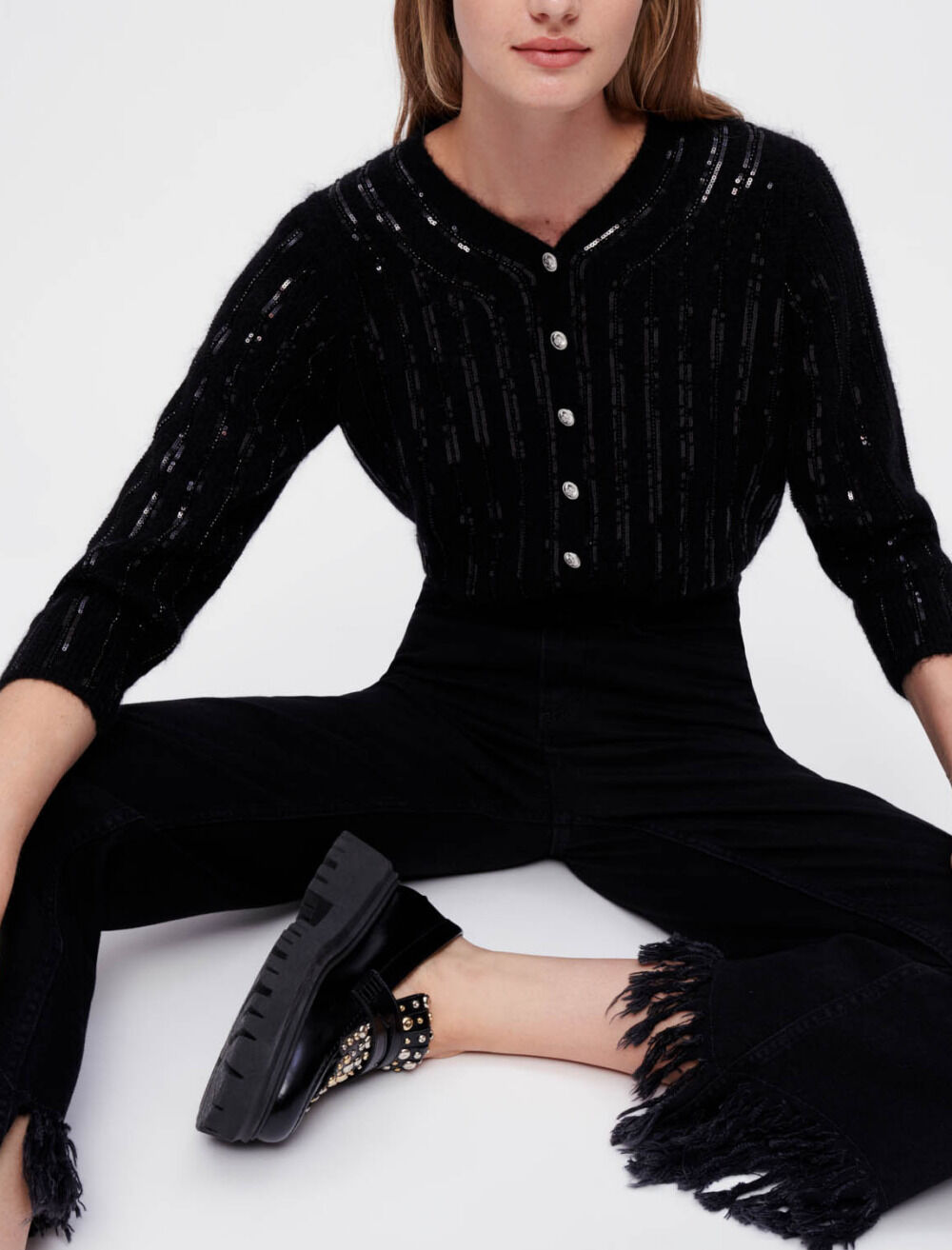 Jean noir taille haute dechire en bas Pantalons Jeans Maje
