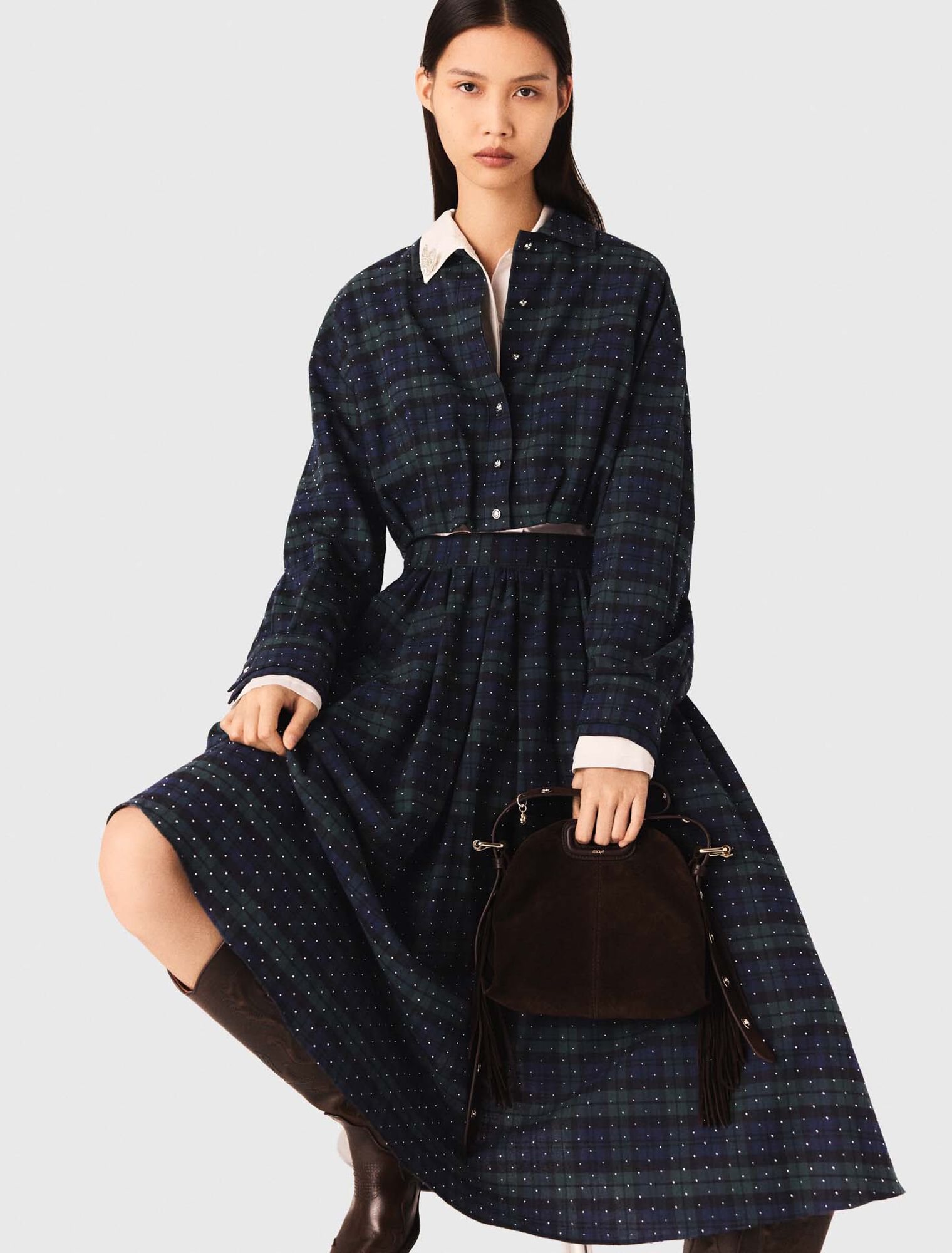 Chemise courte à carreaux strassée