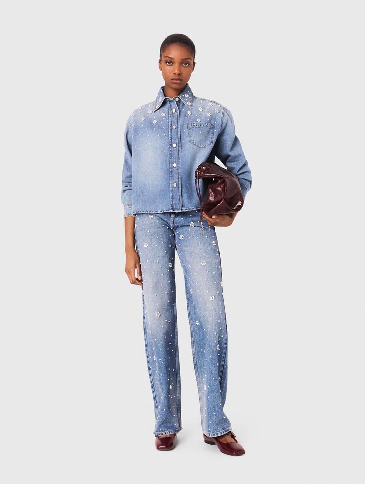 Chemise en denim à perles brodées