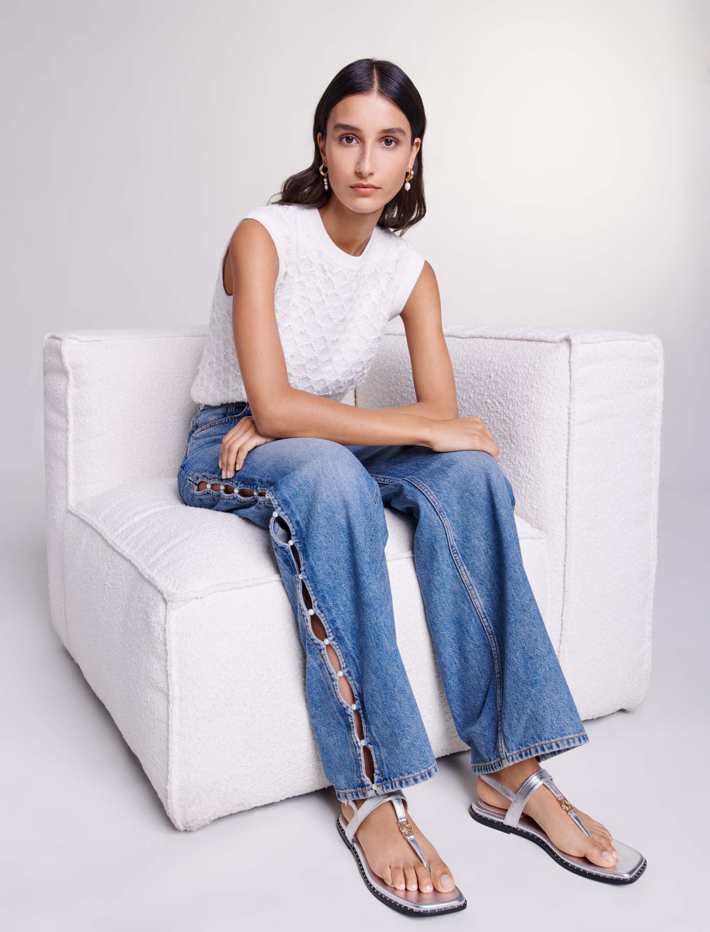 Jeans droit ajoure et perle