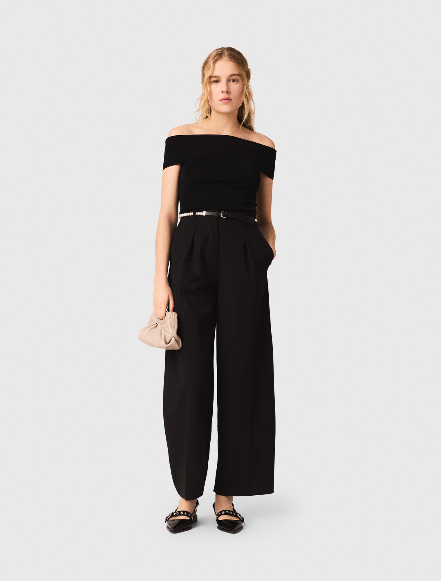 Top col bardot en maille c&ocirc;tel&eacute;e