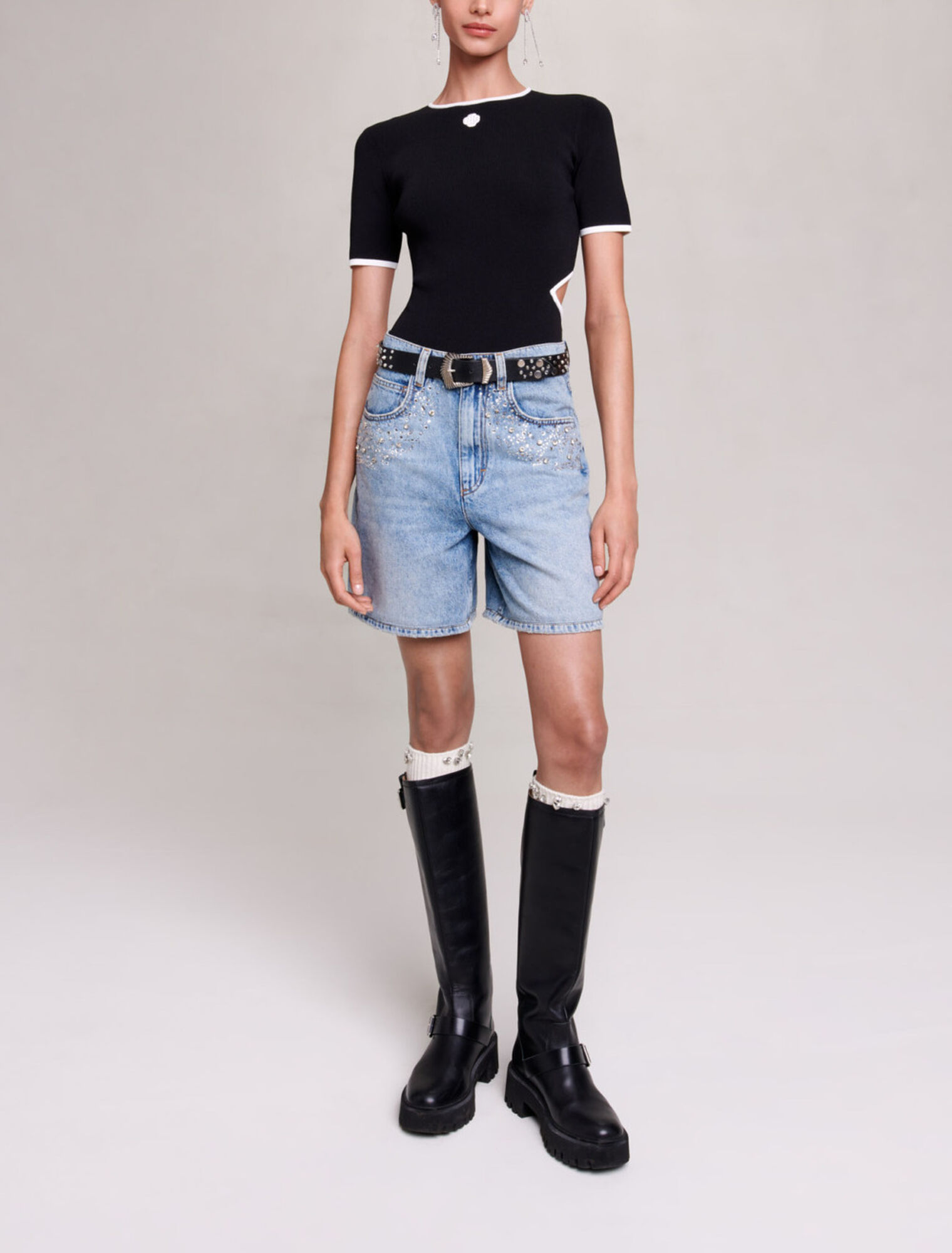 Short évasé en denim à strass