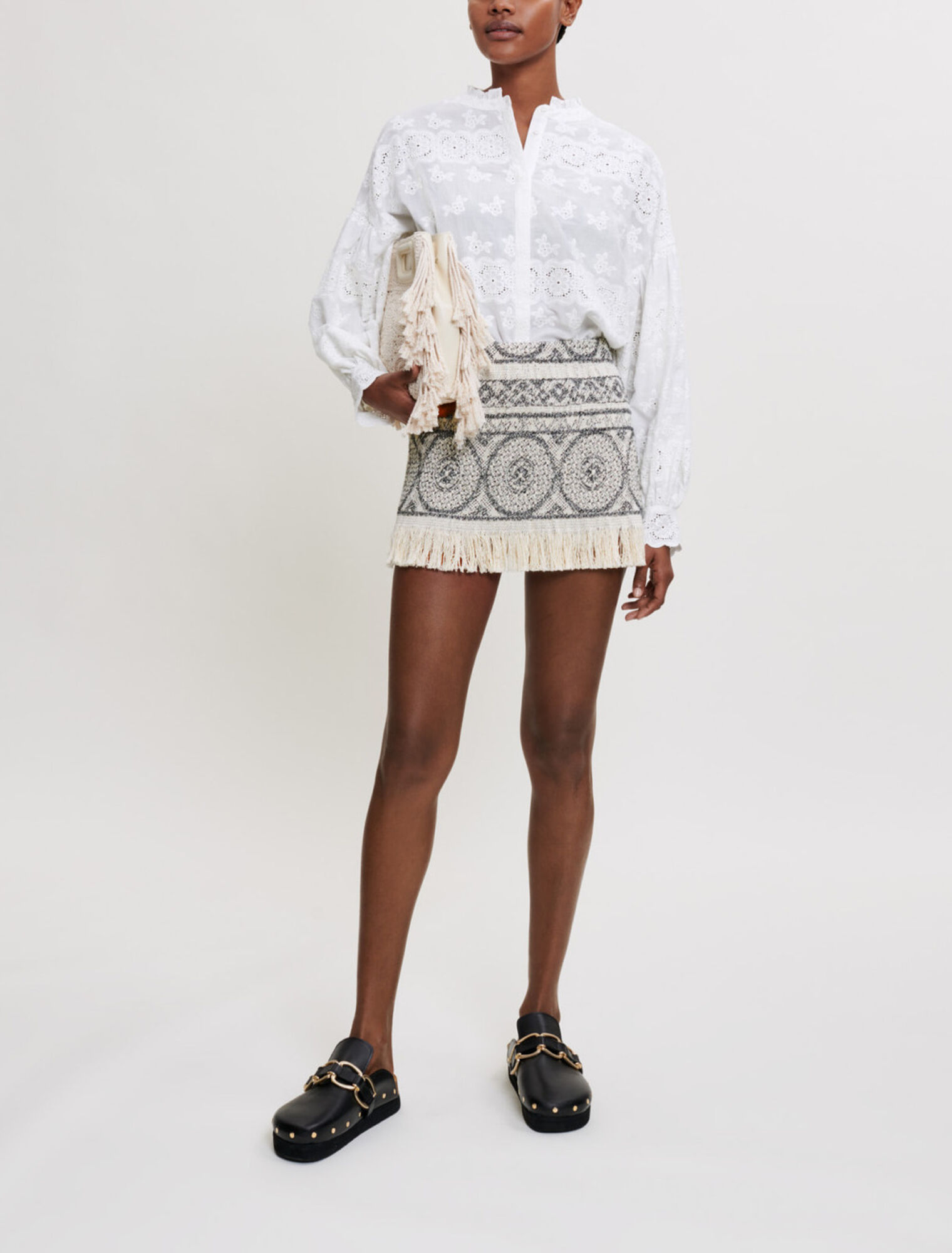 Jupe façon short en jacquard à franges