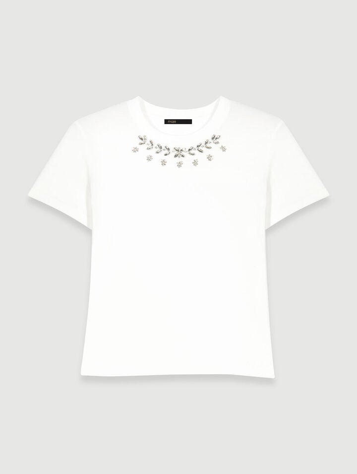 T-shirt 100 % Coton Ã€ Strass - Blanc - Maje