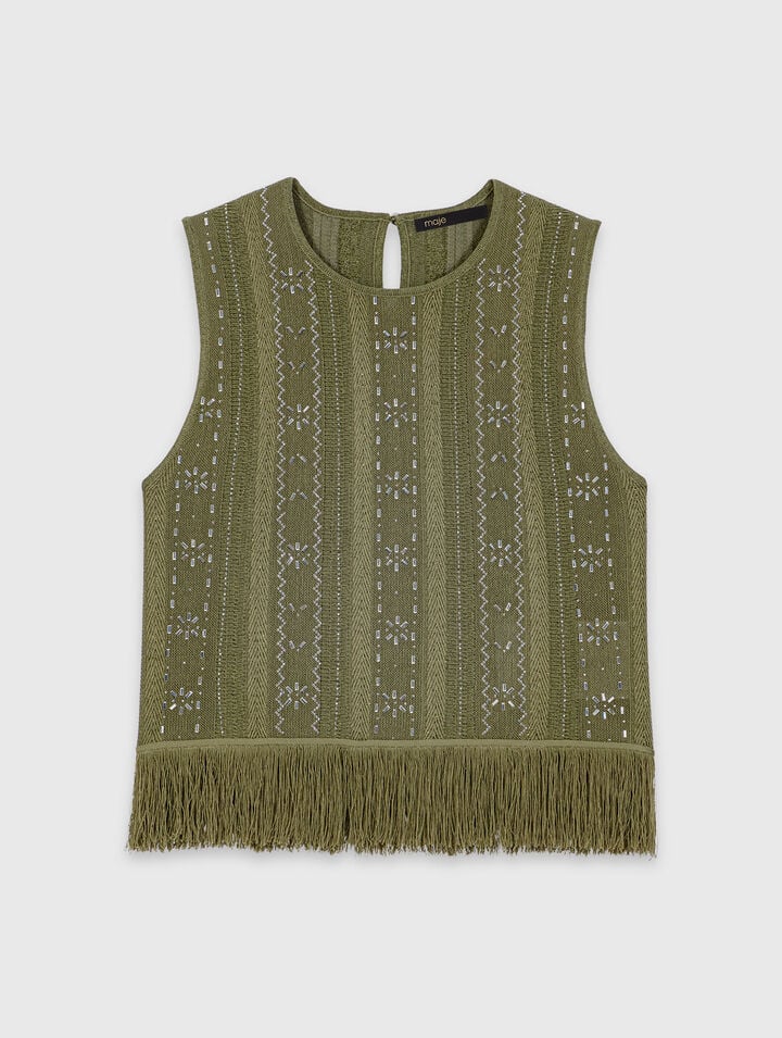 Top avec fleurs strass&eacute;s et franges