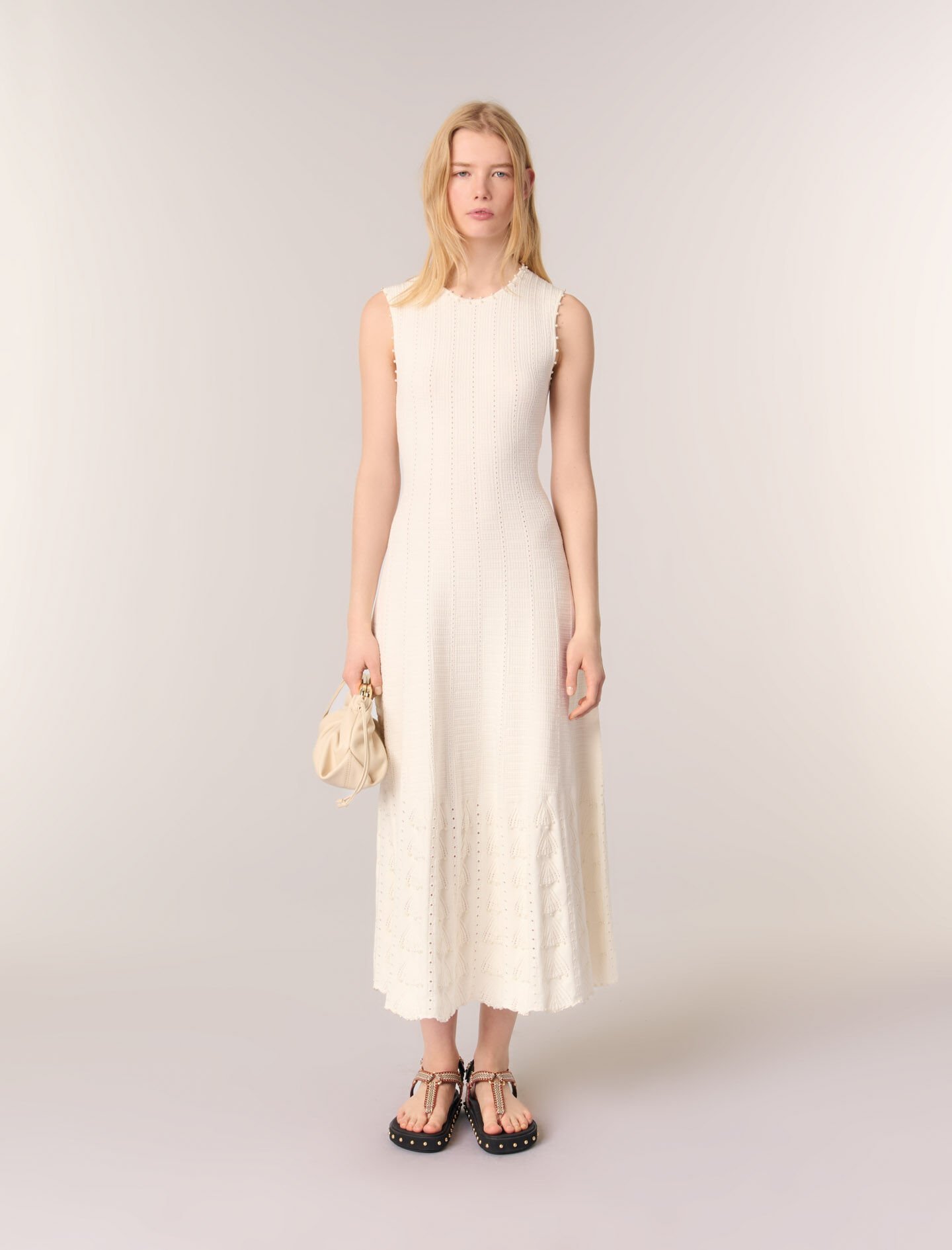maje Robe en maille pointelle perlée Blanc