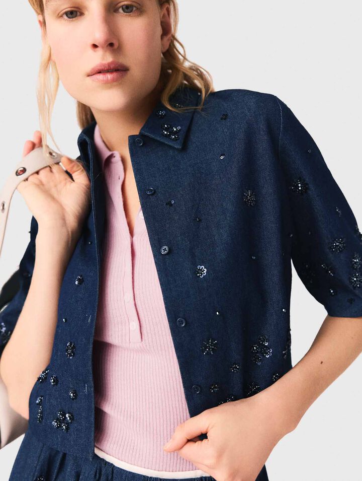 Chemise courte en denim brod&eacute;