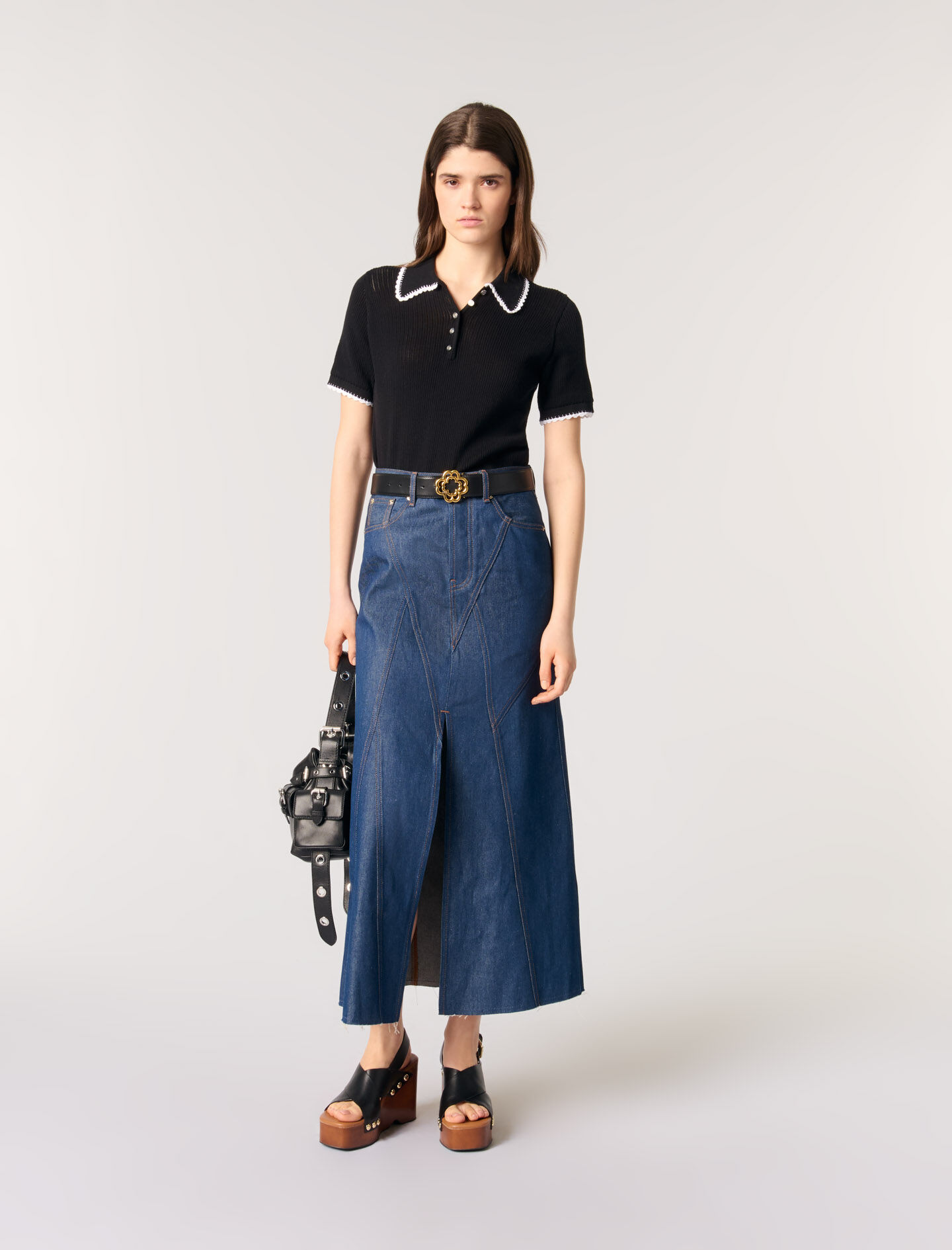 maje Polo en maille pointelle Noir