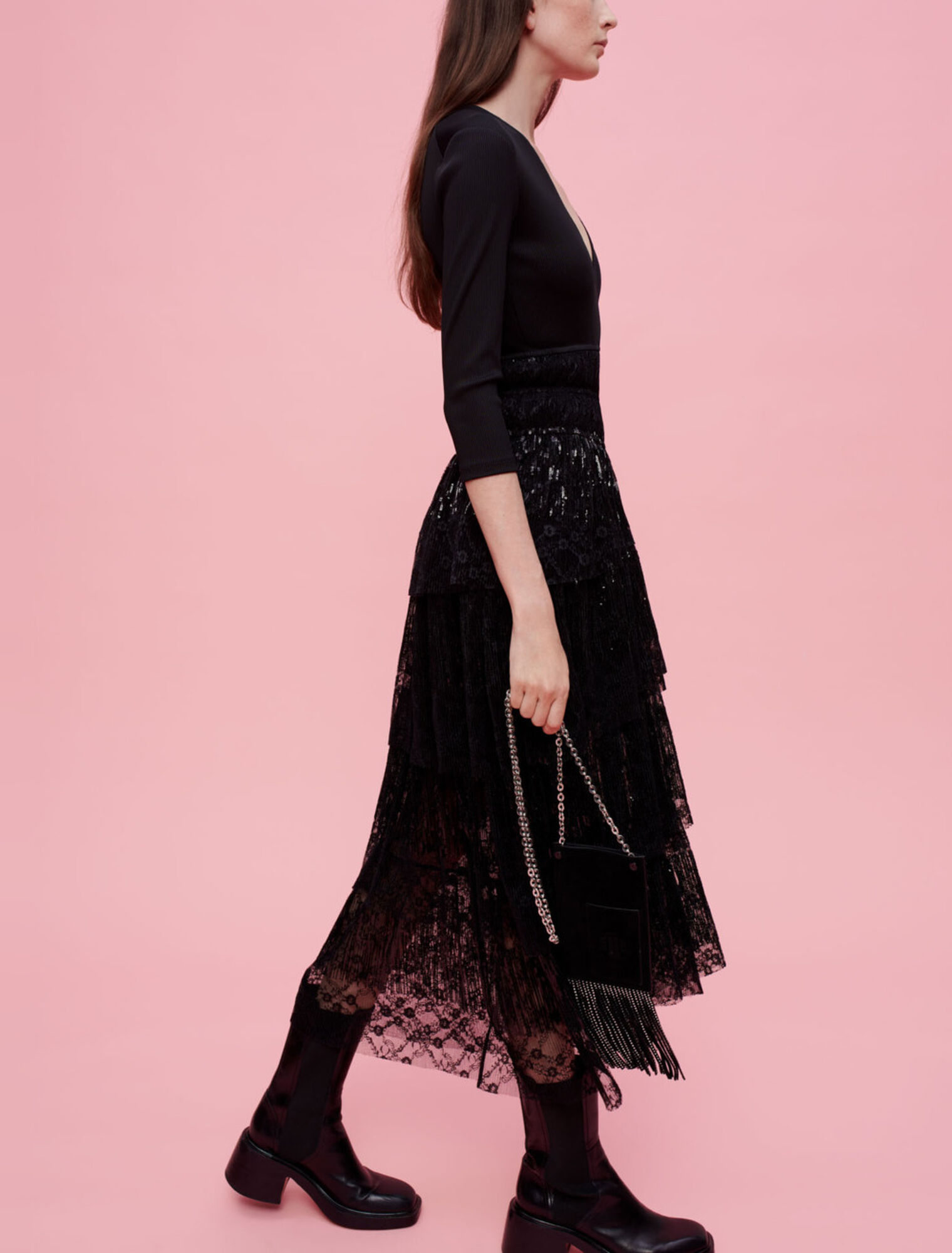 Robe en mix jersey et dentelle sequins