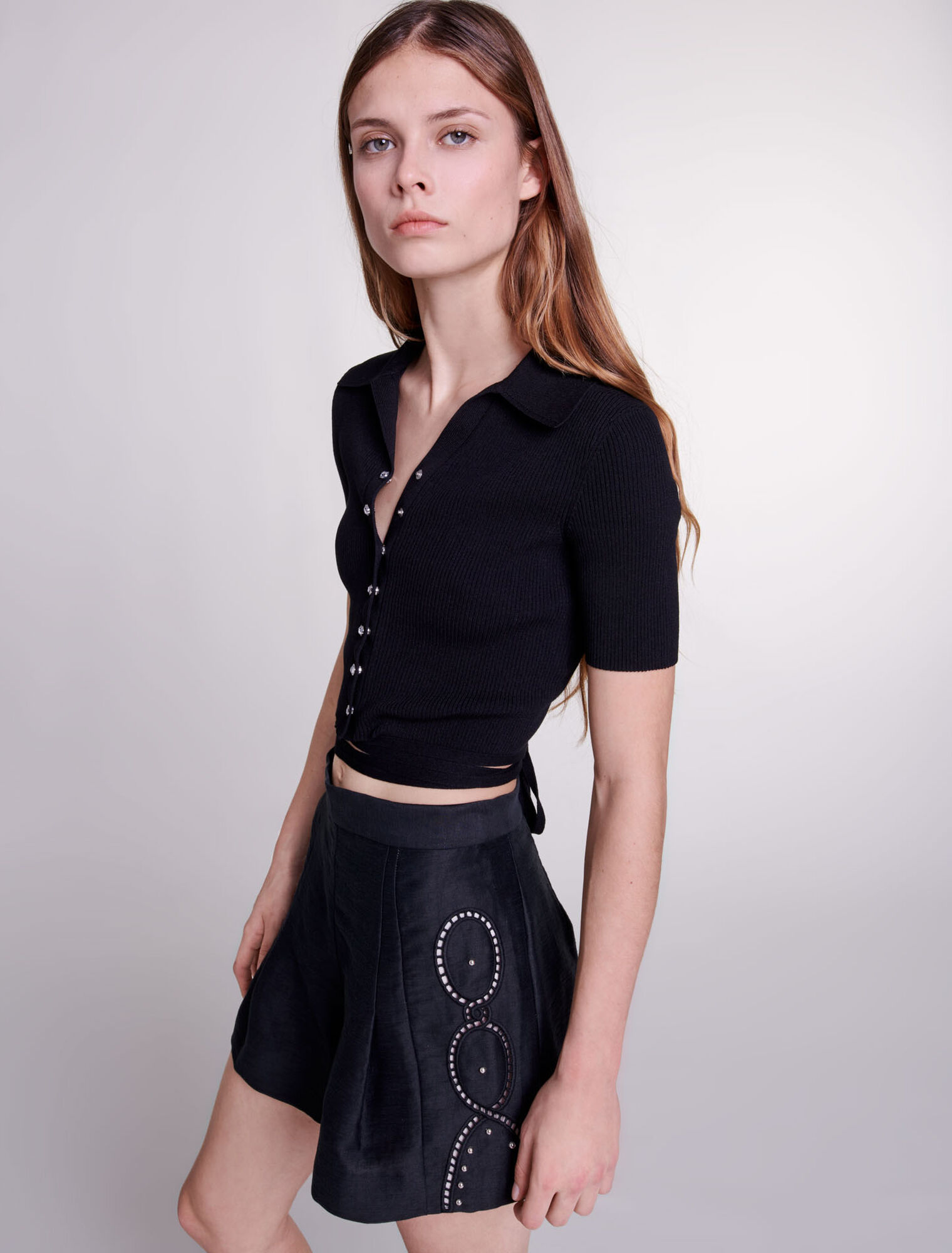 Short en lin ajouré à rivets