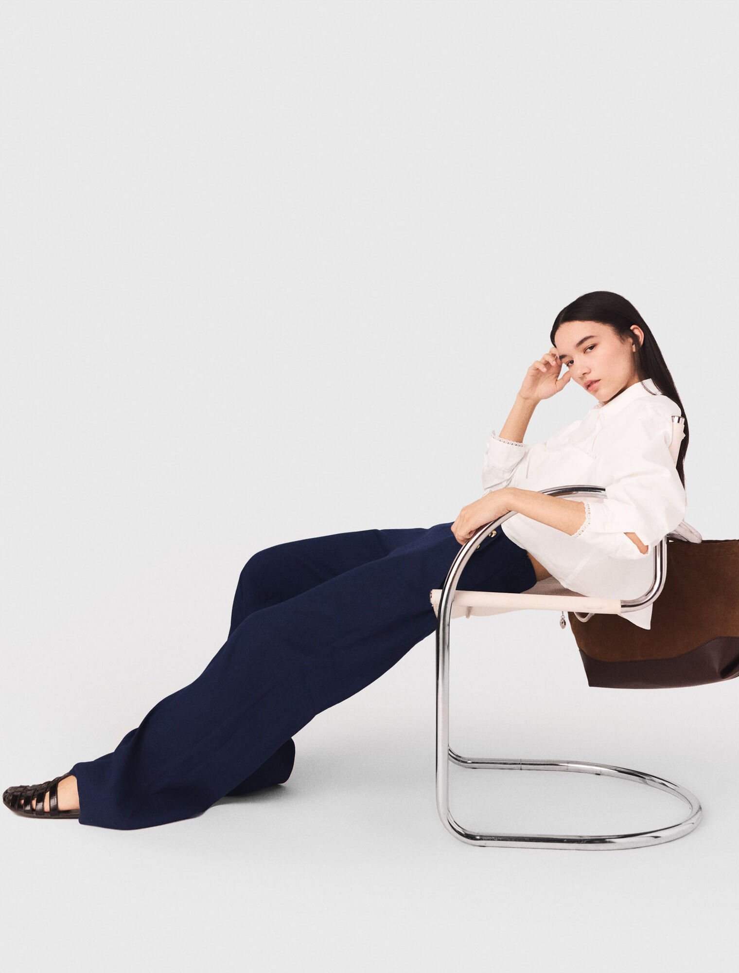 Pantalon &agrave; pont en lin m&eacute;lang&eacute;