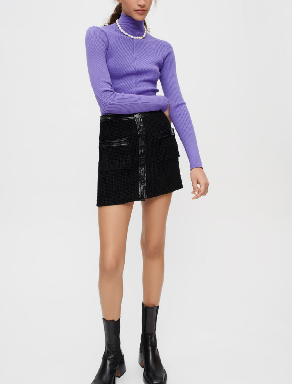 Jupe tweed velours et vinyle Jupes Shorts Maje