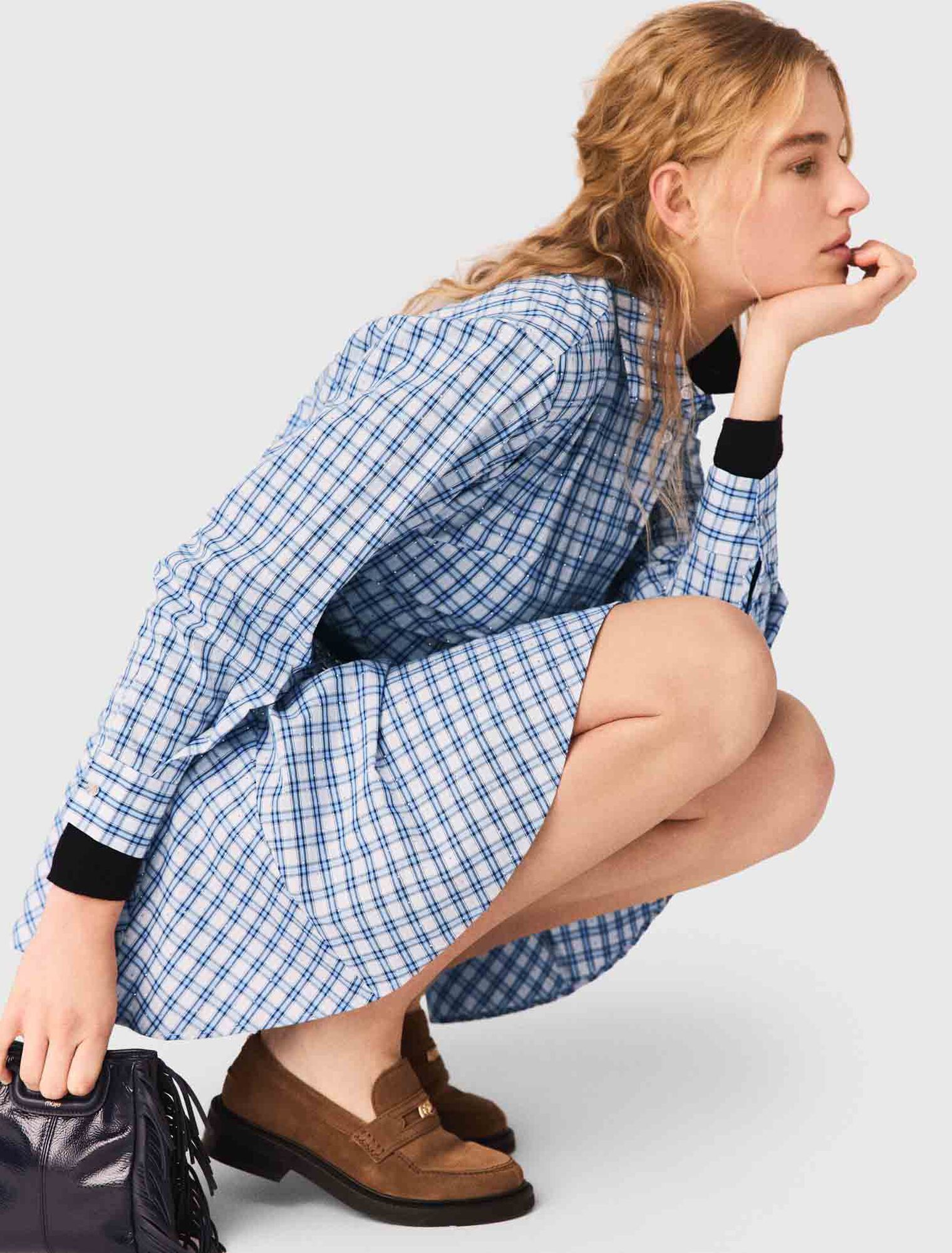 Robe chemise en coton strass&eacute;