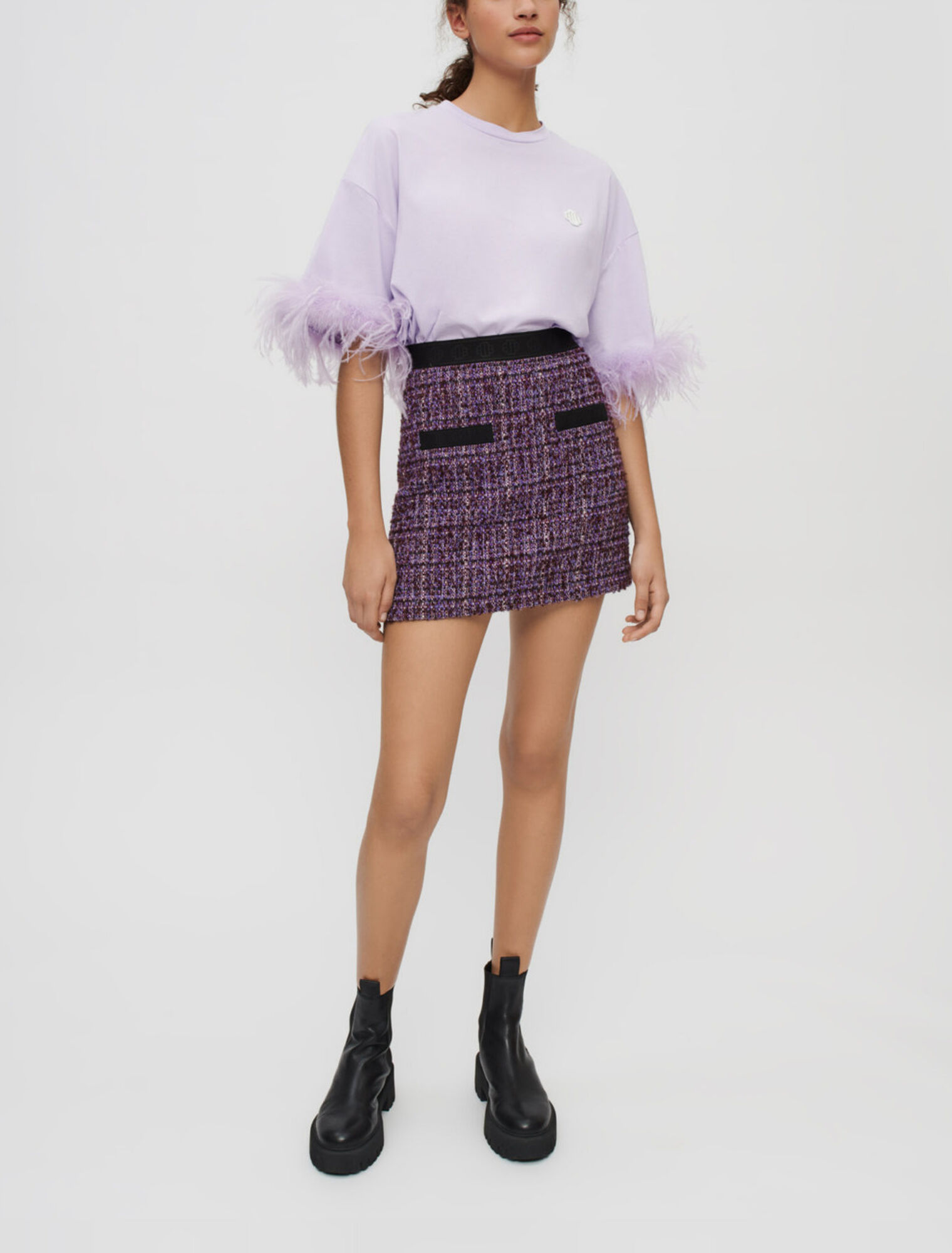 Jupe en tweed violet et contrastes