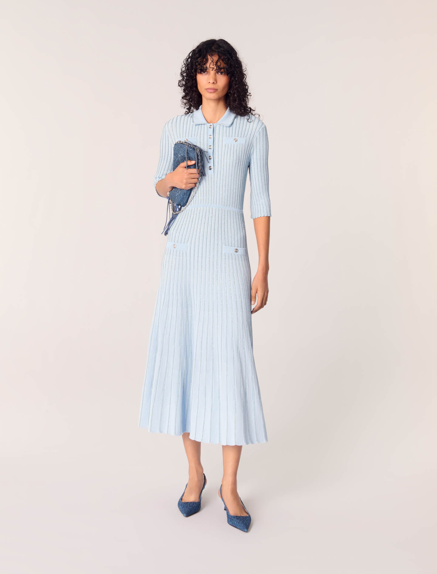 maje Robe midi en maille côtelée Bleu Ciel