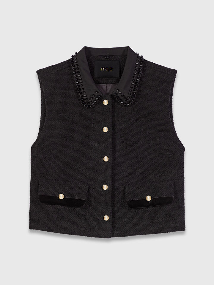 Top en tweed avec galons en velours