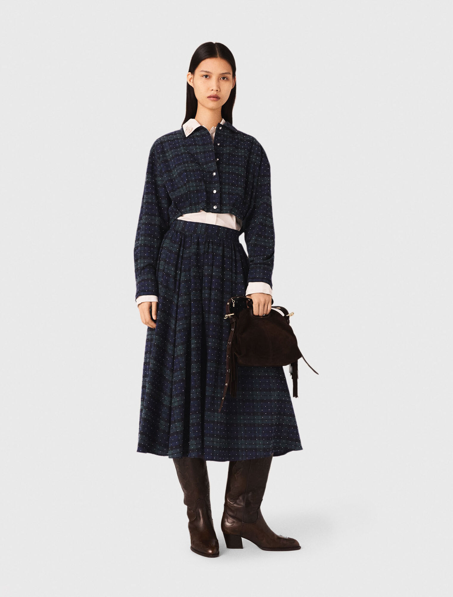 Chemise courte à carreaux strassée