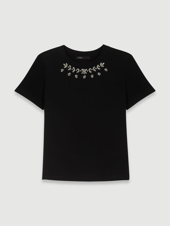 T-shirt 100 % Coton Ã€ Strass - Noir - Maje