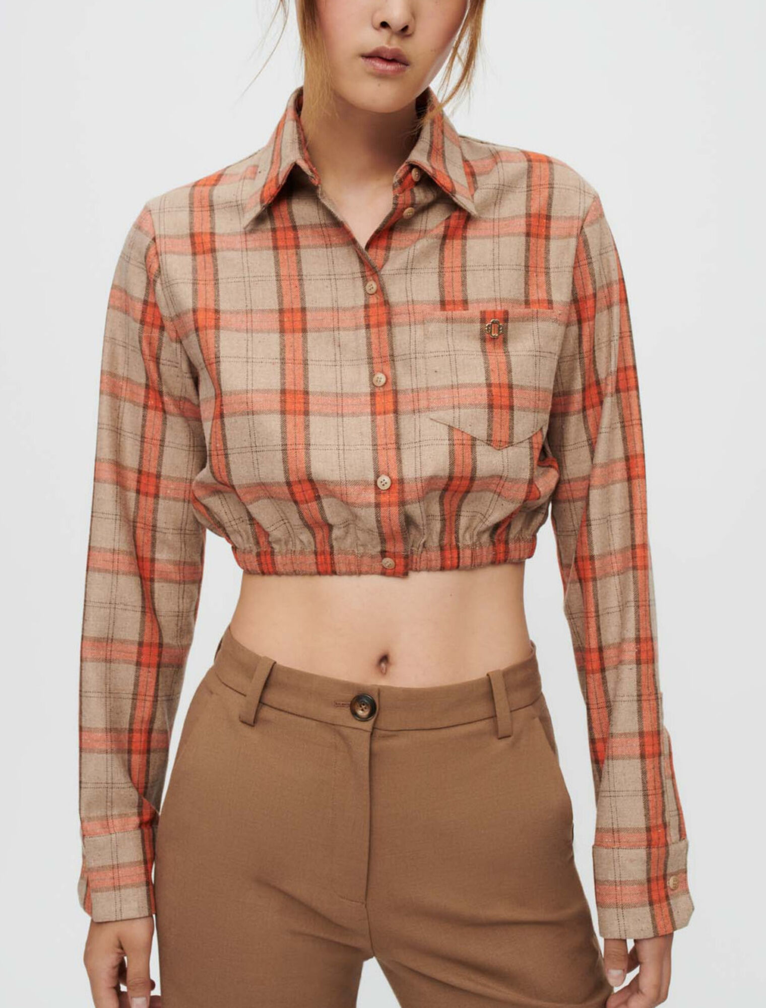 Chemise crop à carreaux camel et orange