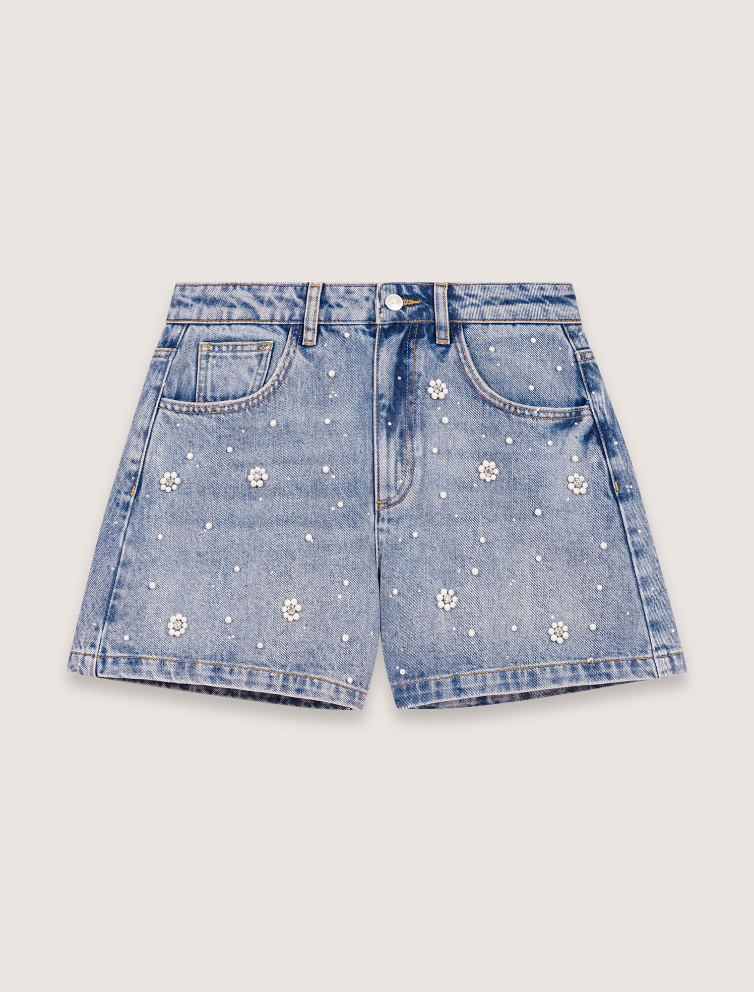 Short en denim à perles brodées