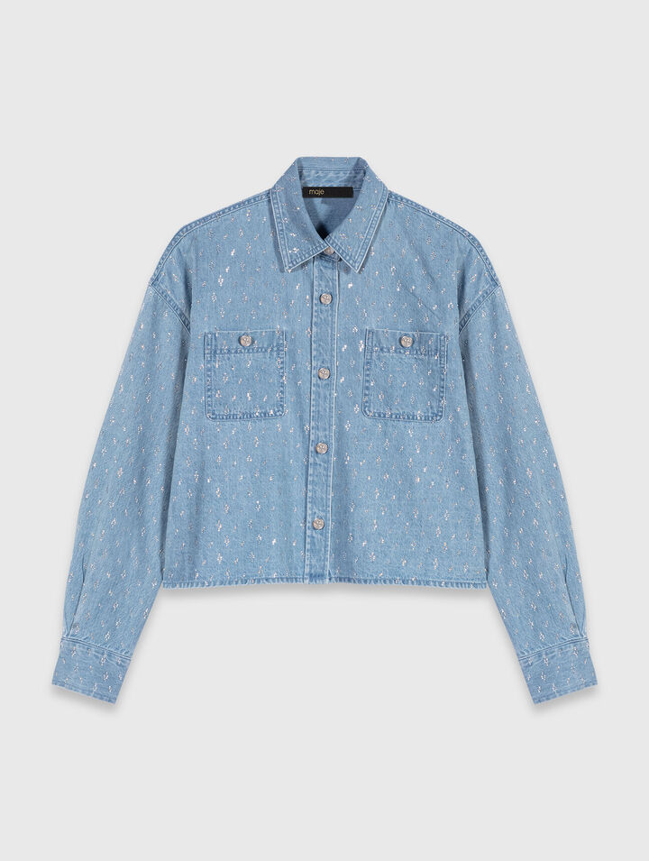 Chemise courte en jean strassée