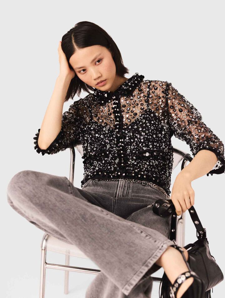 Polo strassé à motif floreal