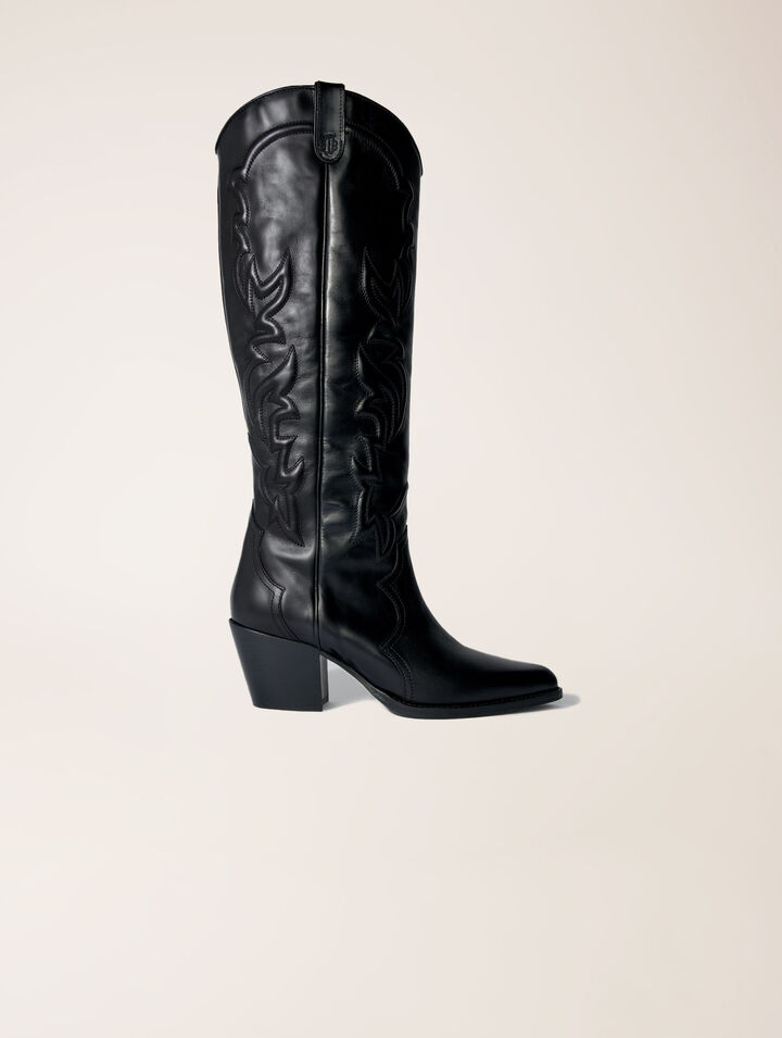 Bottes santiags en cuir lisse brodé