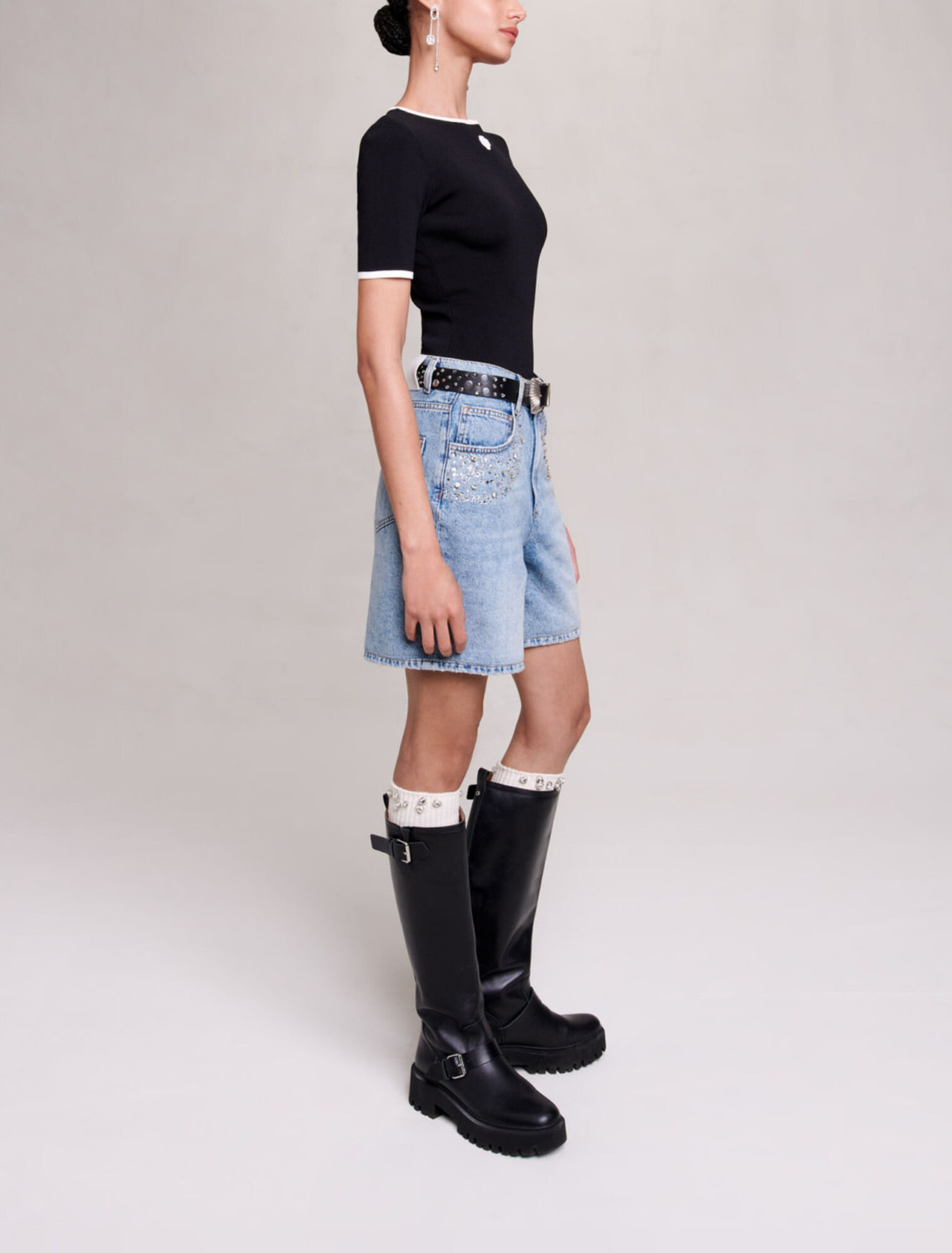 Short évasé en denim à strass